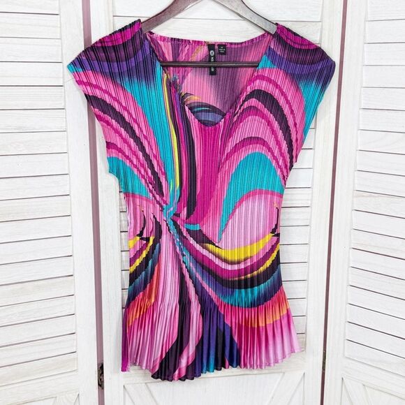 Vintage Y2K Milano Printed Accordion Pleat Stretchy V Neck Blouse Pink Medium‎ - Picture 7 of 12